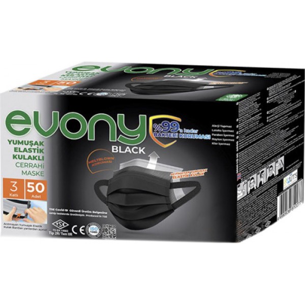 Evony Siyah Yumuşak Kulaklıklı Cerrahi Maske 50 Adet